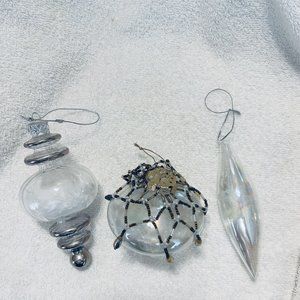 Set Of 3 Hand Blown Iridescent Glass Christmas Ornaments One Has Feathers Inside